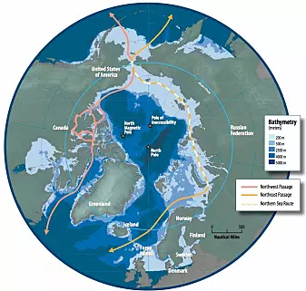 Kartet viser mulige ruter i Arktis. Den til venstre, nordsjøruten, er allerede i bruk i dag.