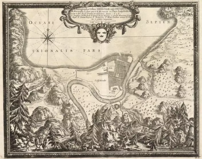 Et kart av Trondheim fra 1658, mot slutten av perioden som MedHeal 600 undersøker. På denne tida hadde befolkningen i byen kommet seg etter svartedauden, men byen var fremdeles liten sammenlignet med andre europeiske bosetninger lenger sør.