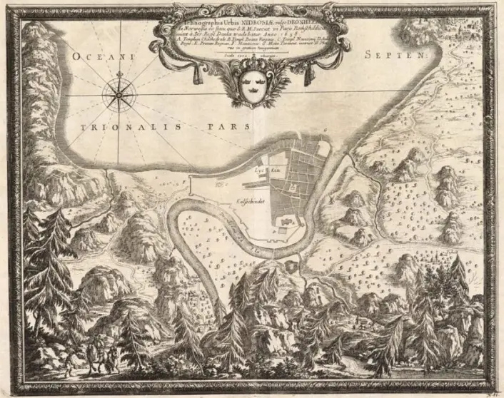 Et kart av Trondheim fra 1658, mot slutten av perioden som MedHeal 600 undersøker. På denne tida hadde befolkningen i byen kommet seg etter svartedauden, men byen var fremdeles liten sammenlignet med andre europeiske bosetninger lenger sør. Et kart av Trondheim fra 1658, mot slutten av perioden som MedHeal 600 undersøker. På denne tida hadde befolkningen i byen kommet seg etter svartedauden, men byen var fremdeles liten sammenlignet med andre europeiske bosetninger lenger sør.