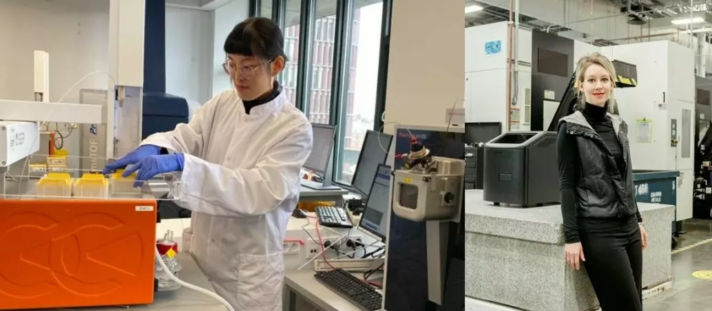 Til venstre forsker Lili Niu i laboratoriet der hun og kolleger har funnet proteiner som kan avsløre begynnende leversykdom. Til høyre svindler Elizabeth Holmes.
