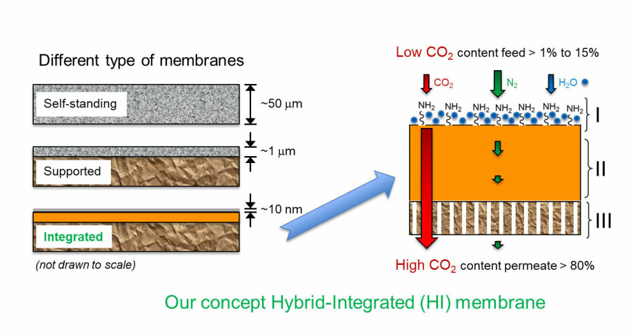 The thickness of a membrane is measured in micrometres or nanometres. This figure shows the difference between two standard membrane concepts (self-standing and supported), and the integrated membrane developed during this project (lowermost). It is constructed at nanometre scale and is termed a ‘hybrid integrated membrane’. The blue molecules in the figure (NH2) are the active agents, or amines, that capture the CO2. These are located on the ‘hairs’ that make this membrane so distinctive.