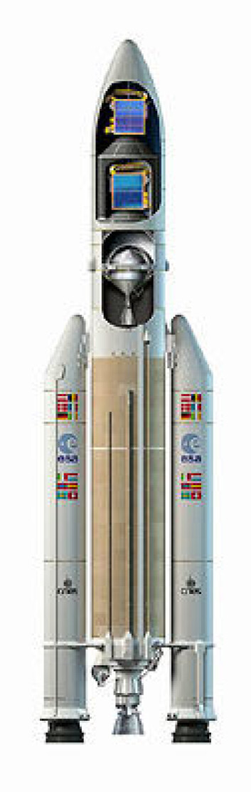 "Ariane 5-ECA er opp til 56 meter høy, og dermed bare såvidt høyere enn en vanlig Ariane 5 som kan være opp til 52 meter høy. Ariane 5-ECA har likevel en nyttelast som er nesten dobbelt så stor. Diameteren er opp til 5,4 meter, og startvekten opp til 780 tonn. (Foto: ESA)" "Ariane 5-ECA er opp til 56 meter høy, og dermed bare såvidt høyere enn en vanlig Ariane 5 som kan være opp til 52 meter høy. Ariane 5-ECA har likevel en nyttelast som er nesten dobbelt så stor. Diameteren er opp til 5,4 meter, og startvekten opp til 780 tonn. (Foto: ESA)"