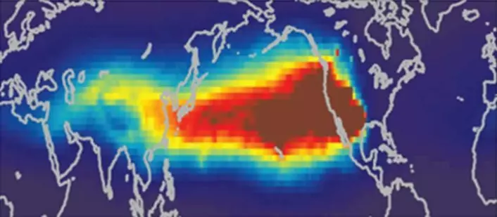 Spredning av ozon fra Asia til Nord-Amerika vist ved hjelp av modellverktøyet FLEXPART PDM.