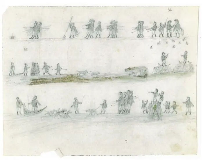Uten tittel. Blyant og farge på papir av Qalaherriaq, 1851–55. ,CCA-U88/A/5/8/2. Uten tittel. Blyant og farge på papir av Qalaherriaq, 1851–55. ,CCA-U88/A/5/8/2.