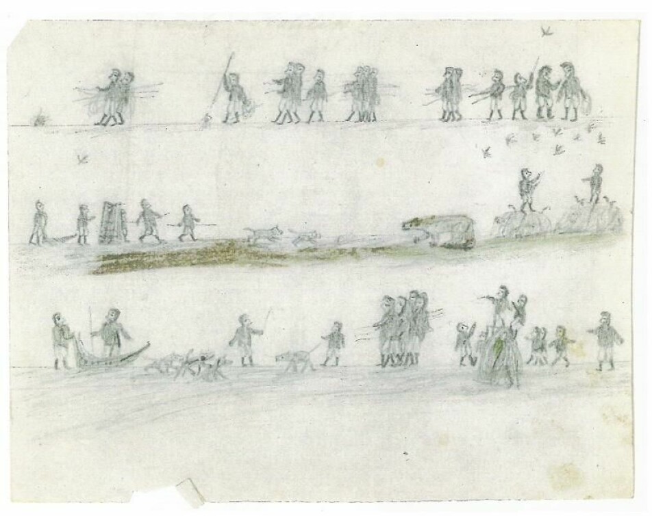 Uten tittel. Blyant og farge på papir av Qalaherriaq, 1851–55. ,CCA-U88/A/5/8/2.
