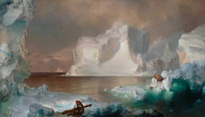«The Icebergs», 1861, er et enormt landskapsmaleri av den amerikanske kunstneren Frederick Edwin Church. Den brukne masta i forgrunnen er en referanse til John Franklins ekspedisjon, som i 1845 forlot England for å finne Nordvestpassasjen, men aldri kom tilbake. «The Icebergs», 1861, er et enormt landskapsmaleri av den amerikanske kunstneren Frederick Edwin Church. Den brukne masta i forgrunnen er en referanse til John Franklins ekspedisjon, som i 1845 forlot England for å finne Nordvestpassasjen, men aldri kom tilbake.