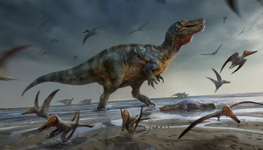 Dette er sånn en kunstner seg for seg at «White Rock spinosaurid» så ut. Her er den omringet av små, flygende pterosaurer.