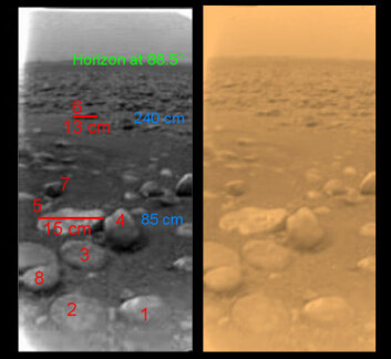 "Overflaten er mørkere enn man hadde forventet, og sammensatt av en blanding av vann-is og hydrokarbon-is. Det ser ut som det er mer vann-is en hydrokarbon-is. (Foto:ESA/NASA/University of Arizona)" "Overflaten er mørkere enn man hadde forventet, og sammensatt av en blanding av vann-is og hydrokarbon-is. Det ser ut som det er mer vann-is en hydrokarbon-is. (Foto:ESA/NASA/University of Arizona)"