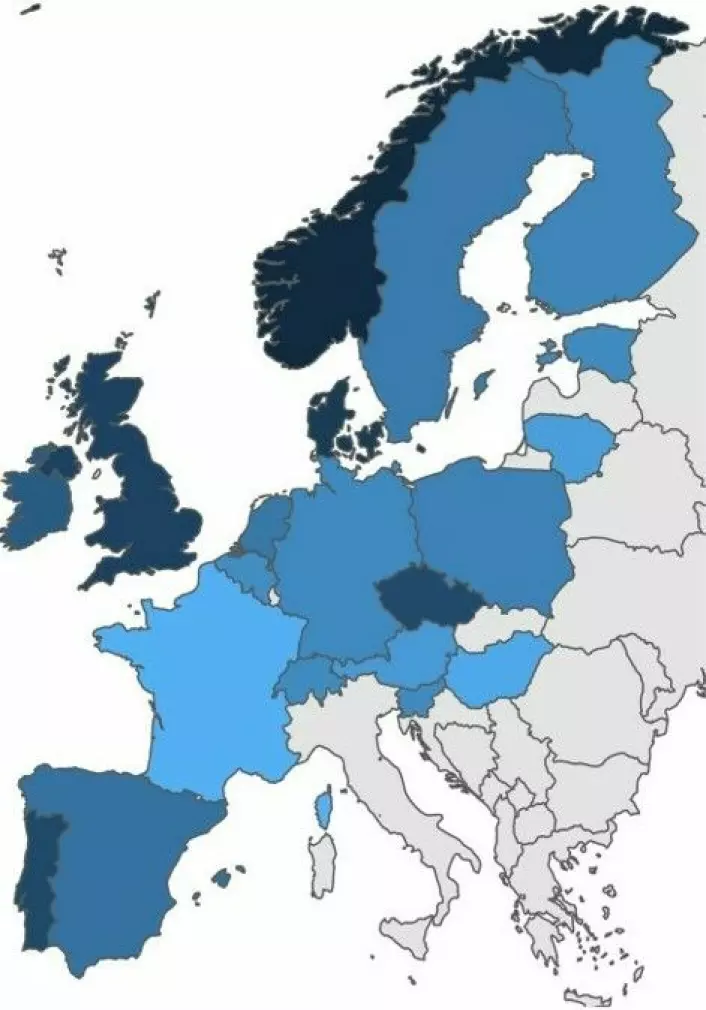 Kulturell overlegenhet: Dette kartet viser hvor mange som har uttrykt at noen kulturer er bedre enn andre, der andelen er høyere jo mørkere blåfargen er (grå land er land som ikke er med i undersøkelsen). Norge i mørkeblått.