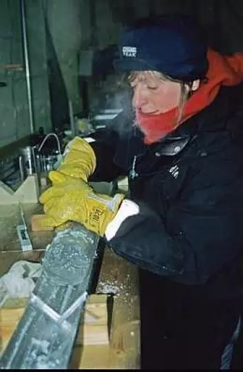 "Også på forskningsstasjonen Kohnen i Dronning Maud Land foretar man boreprøver av innlandsisen. Her er forskeren Marzena Kaczmarska med en boreprøve. (Foto: Marzena Kaczmarska, Norsk Polarinstitutt)"