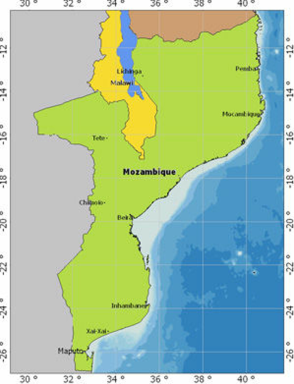 Kart over Mosambik.