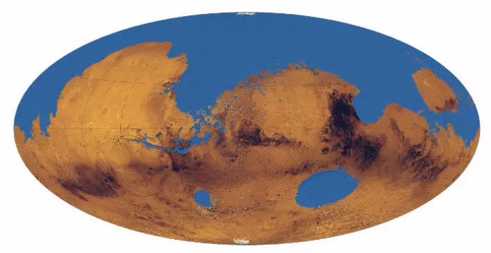 Rekonstruksjon av det tenkte havet på Mars, som vil ha dekket rundt en tredjedel av planeten. (Illustrasjon: B. Hynek/Nature)