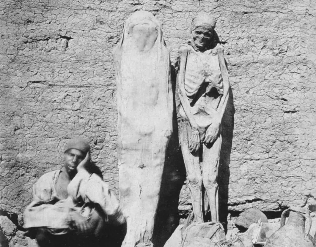 En mumieselger i Egypt i 1875. Folk fra Europa kjøpte gjerne mumiene og tok dem med seg hjem.