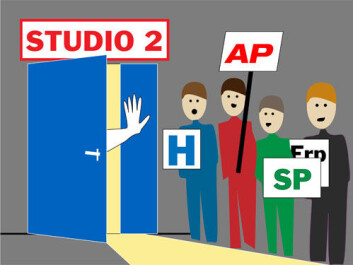 Ifølge Kjersti Thorbjørnsrud er norske politikere så ivrige at de gjerne løper til tv-studio. (Illustrasjon: Annica Thomsson) Ifølge Kjersti Thorbjørnsrud er norske politikere så ivrige at de gjerne løper til tv-studio. (Illustrasjon: Annica Thomsson)