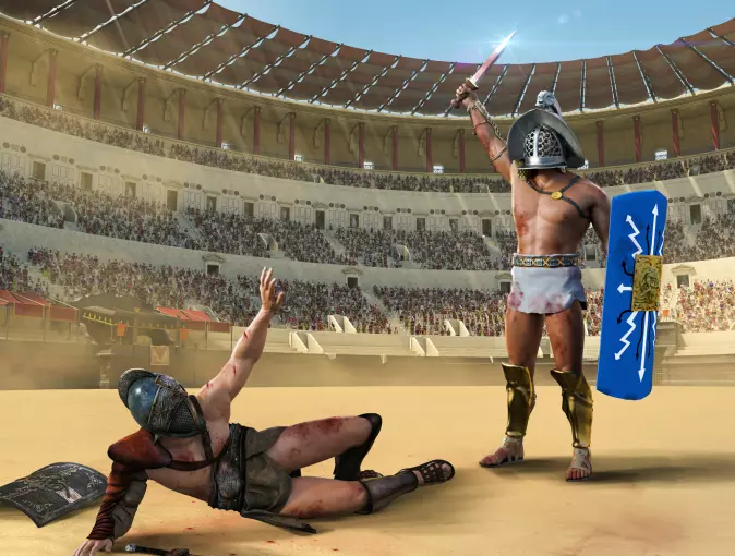 Slik kan en kamp mellom gladiatorer ha sett ut. Kampene tok slutt på 500-tallet.