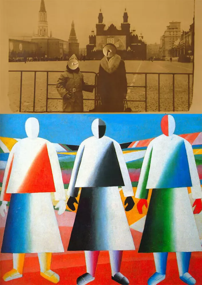 Two artworks alluding to Soviet collectivisation and de-individualisation: Kazimir Malevich’s sketch “Girls in the Fields” (1932), created during the artist’s Ukrainian period, and a photo from the series “Drawing Pin Album” by the Russian photographer Andrey Chegin (1980s-90s) which in turn echoes Malevich.