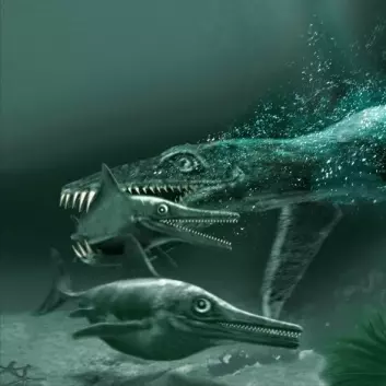 ""Monsterøgla", pliosaurus og fiskeøglene. (Illustrasjon: Tor Sponga, BT/ Naturhistorisk museum, Universitetet i Oslo)"