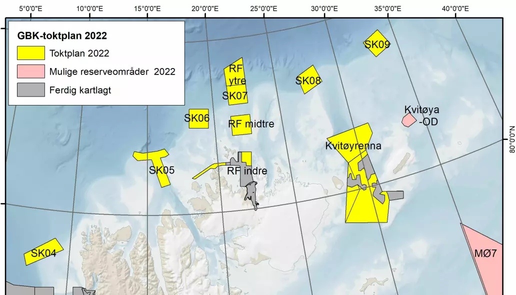 Kartet viser de planlagte kartleggingsområdene nord for Svalbard. Grå områder er tidligere kartlagt av Mareano og rosa er mulige reserveområder. (GBK: Geologi, biologi, kjemi.)