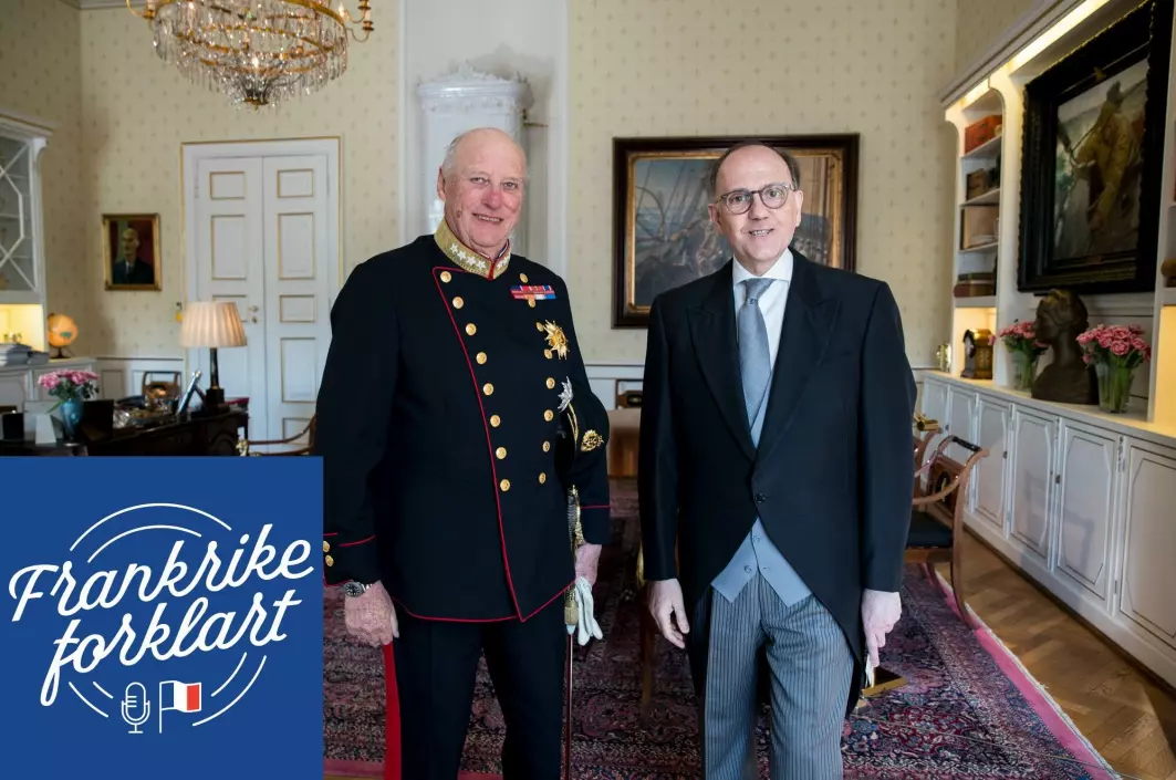 Kong Harald møter Frankrikes nye ambassadør, H.E. herr Pierre-Mathieu Duhamel, i høytidelig audiens i 2019.