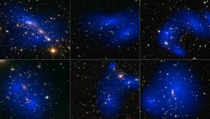 Mørk materie er, som navnet tilsier, ikke synlig. Men stoffet har tyngde, og det er mulig å måle mørk materie ved å se hvordan tyngdekraften fra stoffet påvirker synlig stoff. Her er den mørke materien rundt ulike galaksehoper vist i blått.