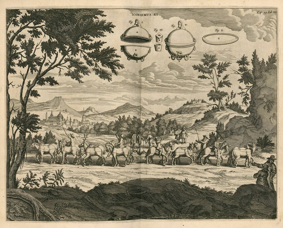 Her er Otto von Guerickes eksperiment med de Magdeburgske halvkulene, tegnet i 1657 av vitenskapsmannen Gaspar Schott.