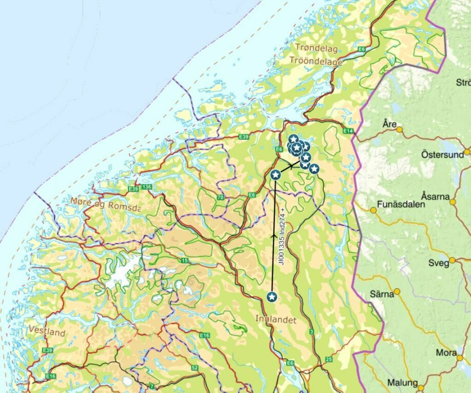 Kartet viser områdebruken til jervetispa M526900 basert på 21 observasjoner i Rovbase. Den har beveget seg fra Ringebu til flere kommuner i Trøndelag i perioden april 2008 til november 2021.