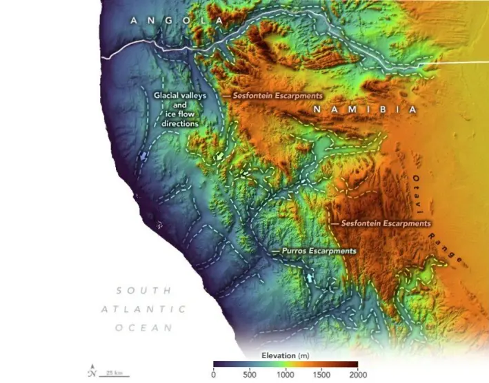 Dette kartet i studien avslører de gamle fjordene som strekker seg inn i det nordvestlige Namibias ørkenlandskap. Et landskap der «norske» isbreer en gang drev sakte ut mellom fjell som fortsatt når opp mot 2000 meters høyde. Dette kartet i studien avslører de gamle fjordene som strekker seg inn i det nordvestlige Namibias ørkenlandskap. Et landskap der «norske» isbreer en gang drev sakte ut mellom fjell som fortsatt når opp mot 2000 meters høyde.