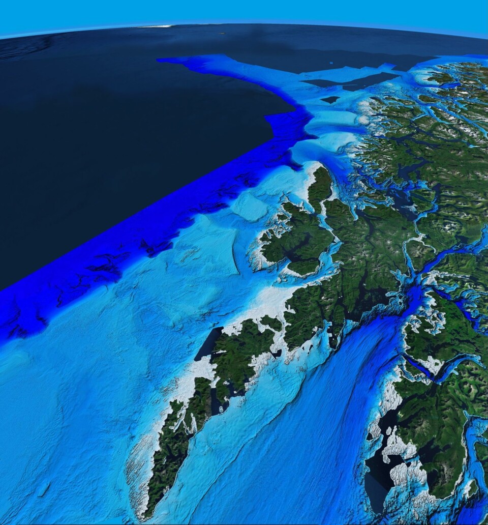 MAREANO-området sett fra satellittperspektiv med Lofoten og Vestfjorden i sør, og eggakanten og Tromsøflaket i nord. I horisonten skimtes Svalbard. (Illustrasjon: MAREANO)