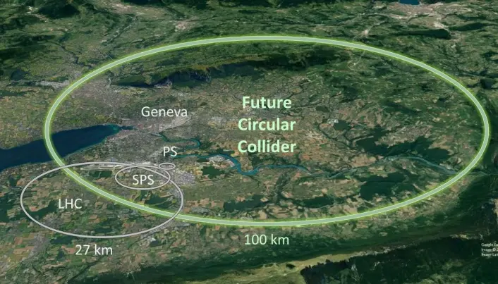 Den gigantiske LHC virker liten i forhold til den 100 kilometer lange tunnelen som må graves ut, dersom planene om Future Circular Collider blir virkelighet. Den gigantiske LHC virker liten i forhold til den 100 kilometer lange tunnelen som må graves ut, dersom planene om Future Circular Collider blir virkelighet.