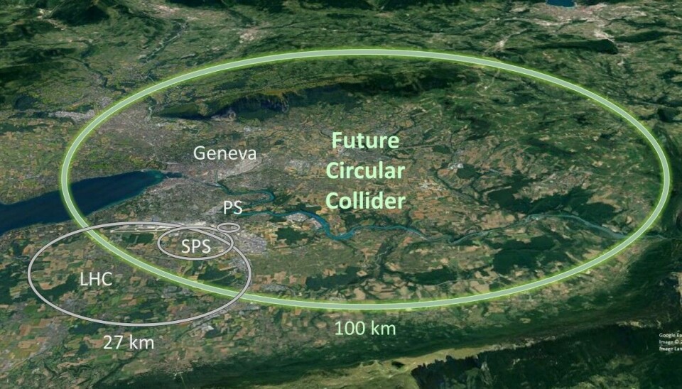 Den gigantiske LHC virker liten i forhold til den 100 kilometer lange tunnelen som må graves ut, dersom planene om Future Circular Collider blir virkelighet.