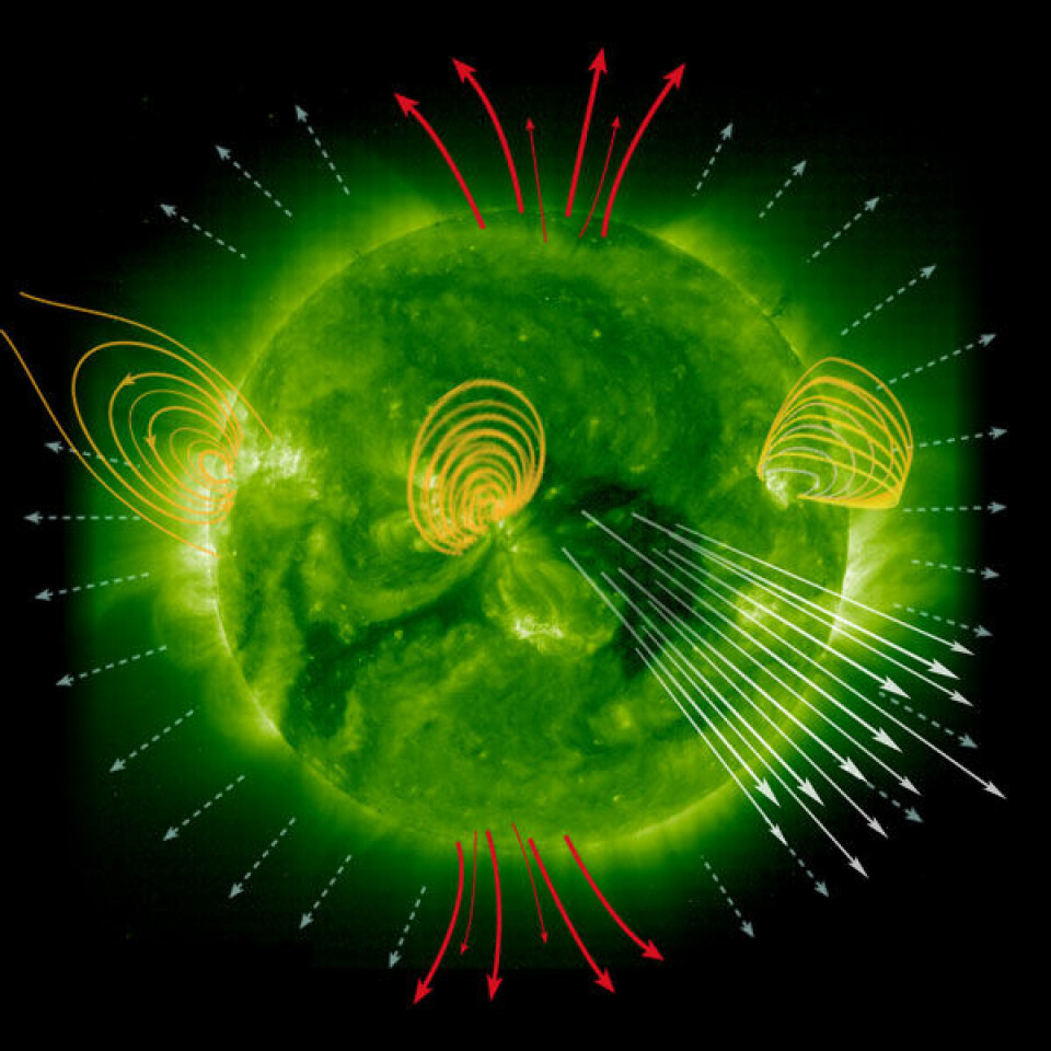 'Sola - Vår livgivende stjerne' viser nye sider ved sola. Dette bildet viser dannelse av solvind. Foto fra boka. (Foto: S. Hill/NASA/ESA)