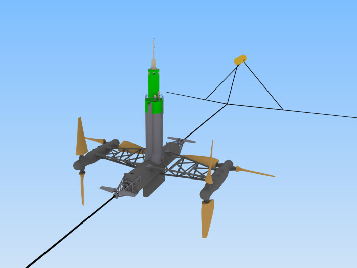 Hydra Tidals tidevannskraftverk vil flyte rett under overflaten, der kun den grønne delen vil stikke over. Turbinvingene får en diameter på 23 meter. Hydra Tidals tidevannskraftverk vil flyte rett under overflaten, der kun den grønne delen vil stikke over. Turbinvingene får en diameter på 23 meter.