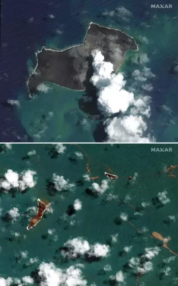 Dette er to bilder av samme sted tatt kun dager fra hverandre. Øverste bildet viser Hunga Tonga - Hunga Ha'apai vulkanen den 6. januar, mens det nederste viser det samme området 18. januar, altså noen dager etter utbruddet.