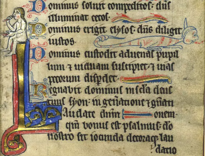 "Side fra en engelsk bok fra 1200-tallet. Tekstene i MEG-databasen er fra 1300 til 1500. (Foto: Wikimedia Commons)"