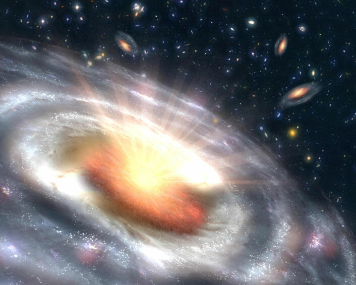 Et voksende svart hull, kalt en kvasar, kan sees i sentrum av en fjern galakse. (Illustrasjon: NASA)