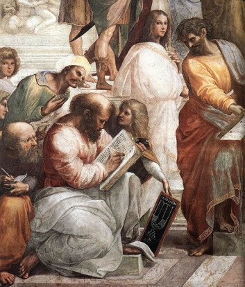 Detalj fra fresken Skolen i Aten av Raffaello Sanzio (1509). Pytagoras sees skrivende i forgrunnen, Hypatia av Aleksandria i hvitt bak ham. (Wikimedia Commons) Detalj fra fresken Skolen i Aten av Raffaello Sanzio (1509). Pytagoras sees skrivende i forgrunnen, Hypatia av Aleksandria i hvitt bak ham. (Wikimedia Commons)
