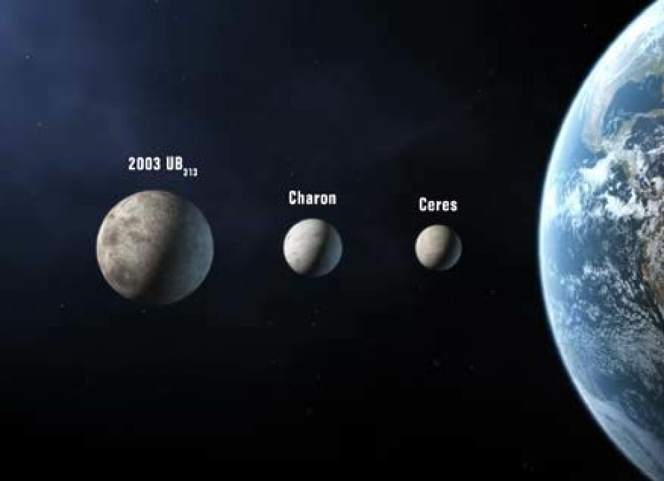 'Dette er de tre objektene som kan få ny status som planeter etter neste uke. (Illustrasjon)'