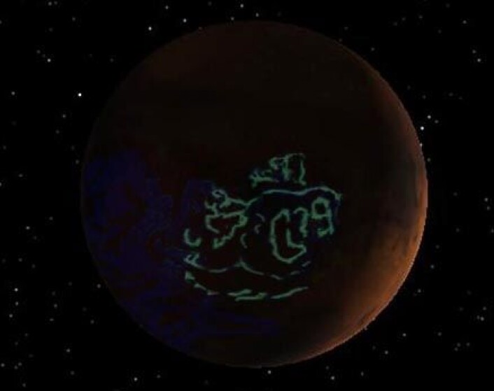 "En illustrasjon av det merkelige nordlyset på Mars. (Illustrasjon: ESA)" "En illustrasjon av det merkelige nordlyset på Mars. (Illustrasjon: ESA)"