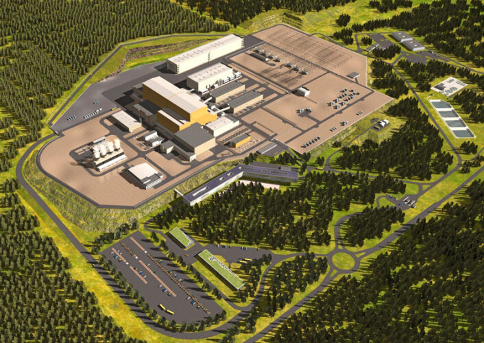Slik vil det ferdigbyggede ITER se ut. Den store, orange bygningen i midten er Tokamak-hallen. (Illustrasjon: ITER Organization) Slik vil det ferdigbyggede ITER se ut. Den store, orange bygningen i midten er Tokamak-hallen. (Illustrasjon: ITER Organization)