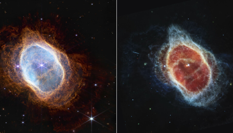 Dette kombinasjonsfotoet som Nasa offentliggjorde tirsdag, viser observasjoner fra Den sørlige ringtåken i nesten infrarødt lys (til venstre) og middels infrarødt lys (til høyre). Bildene er tatt av James Webb-teleskopet.