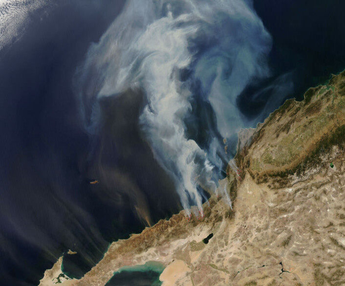 Satellittbildet viser enorme røykskyer som sprer seg fra brannene som raste i California i to uker i oktober 2007. De røde flekkene viser aktive branner. Ifølge California Department of Forestry and Fire Protection svidde flammene av over 2000 kvadratkilometer. (Foto: MODIS Rapid Response Project at NASA/GSFC) Satellittbildet viser enorme røykskyer som sprer seg fra brannene som raste i California i to uker i oktober 2007. De røde flekkene viser aktive branner. Ifølge California Department of Forestry and Fire Protection svidde flammene av over 2000 kvadratkilometer. (Foto: MODIS Rapid Response Project at NASA/GSFC)
