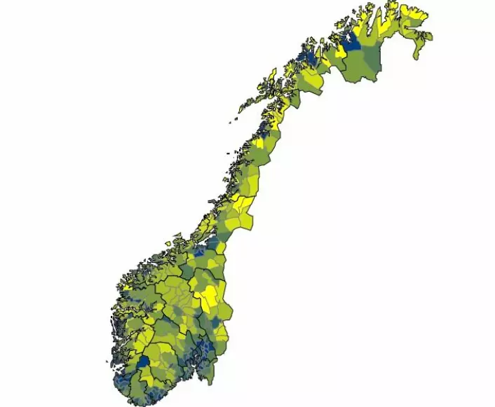 Kartet viser befolkningsutviklingen i Norge fra 1978 til 2008.