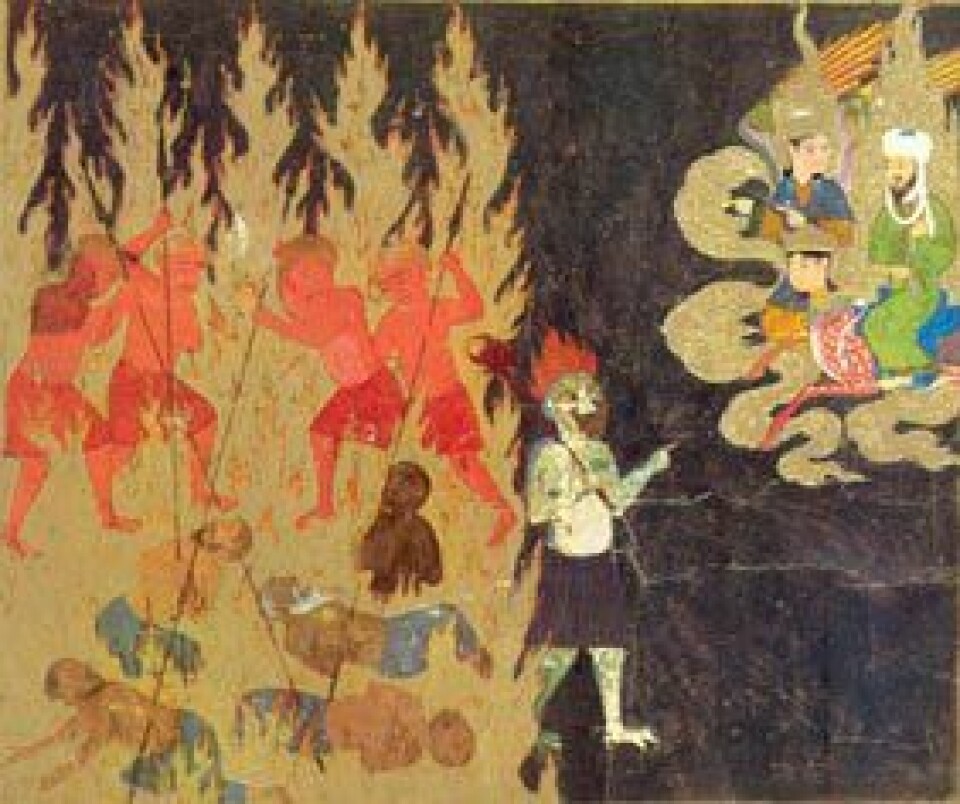 Tyrkisk teikning frå 1400-talet som viser profeten Muhammed på rundtur i helvete: Demonar som har kome med falske skuldingar vert spidda.