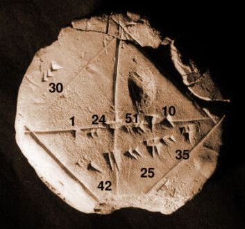 Babylonsk leirtavle med tall i kileskrift, fra ca. 1600-1800 f.Kr. (Foto: Bill Casselman, Yale Babylonian Collection) Babylonsk leirtavle med tall i kileskrift, fra ca. 1600-1800 f.Kr. (Foto: Bill Casselman, Yale Babylonian Collection)