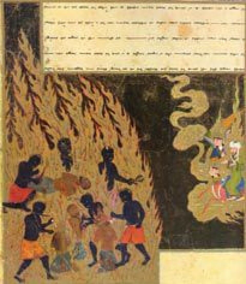 Tyrkisk teikning frå 1400-talet som viser profeten Muhammed på rundtur i helvete: Dei som baktaler vert tvungne til å ete sitt eige kjøt.
