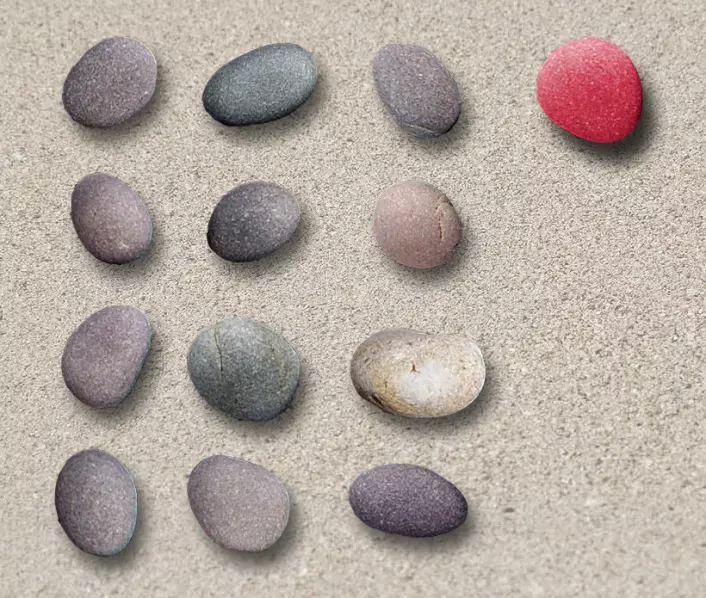 Tre steiner ordnet i fire rader blir i alt 3 x 4 = 12 steiner. Dette er multiplikasjon. Men ved å legge til (addere) enda en stein (rød), blir multiplikasjons-systemet ødelagt. (Bildemontasje: Arnfinn Christensen)
