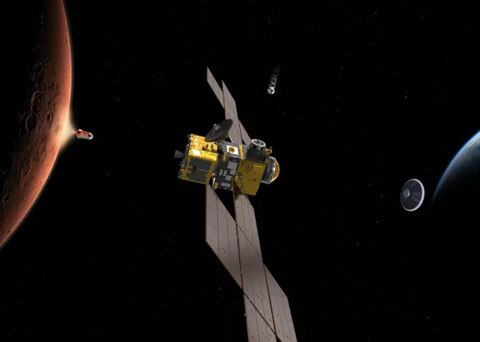 Mars Ascent Vehicle skyter opp prøvene fra Mars (til venstre). Earth Return Orbiter (midten) fanger så inn prøvene i bane rundt vår røde naboplanet, frakter dem til jorda og frigir dem i en landingskapsel (til høyre).