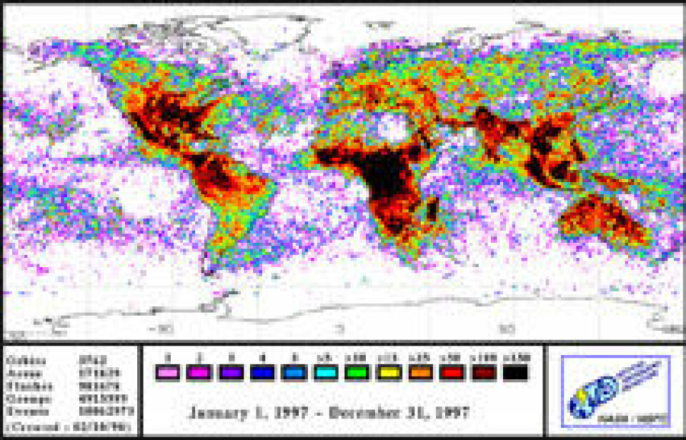 Dei mørke områda viser kvar det var flest lynnedslag i 1997. (Illustrasjon: NASA/MSFC)