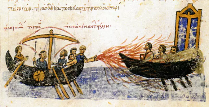 Illustrasjon fra 1100-tallet kalt «Den romerske flåte brenner motstandernes flåte». Den viser bruken av gresk ild. Oppskriften i gresk ild har gått tapt for mange hundre år siden.