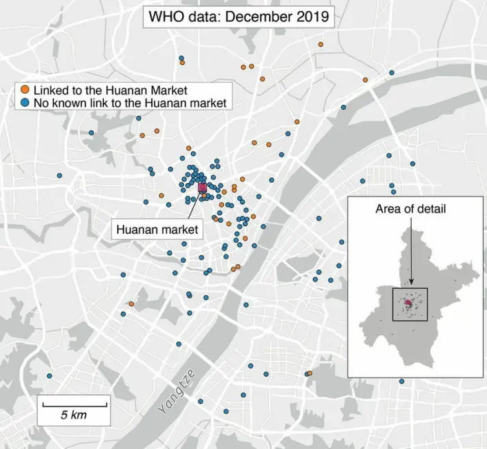 Tilfeller av Covid-19 i desember 2019 var konsentrert rundt Huanan-markedet. Tilfeller av Covid-19 i desember 2019 var konsentrert rundt Huanan-markedet.